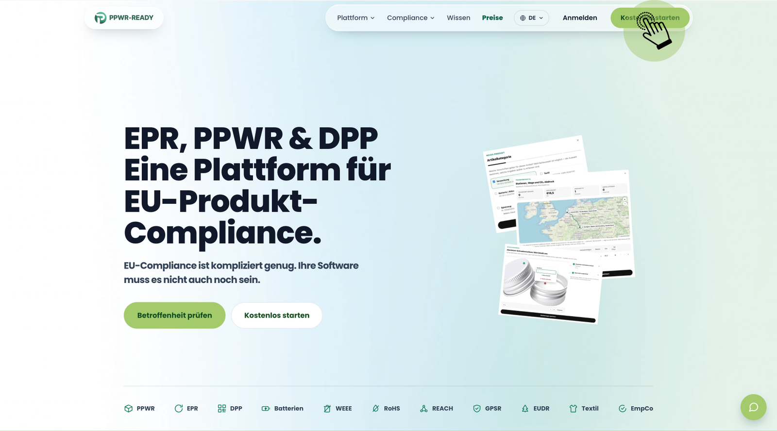 Startseite von PPWR-Ready, der Knopf "Kostenlos starten" oben rechts ist hervorgehoben