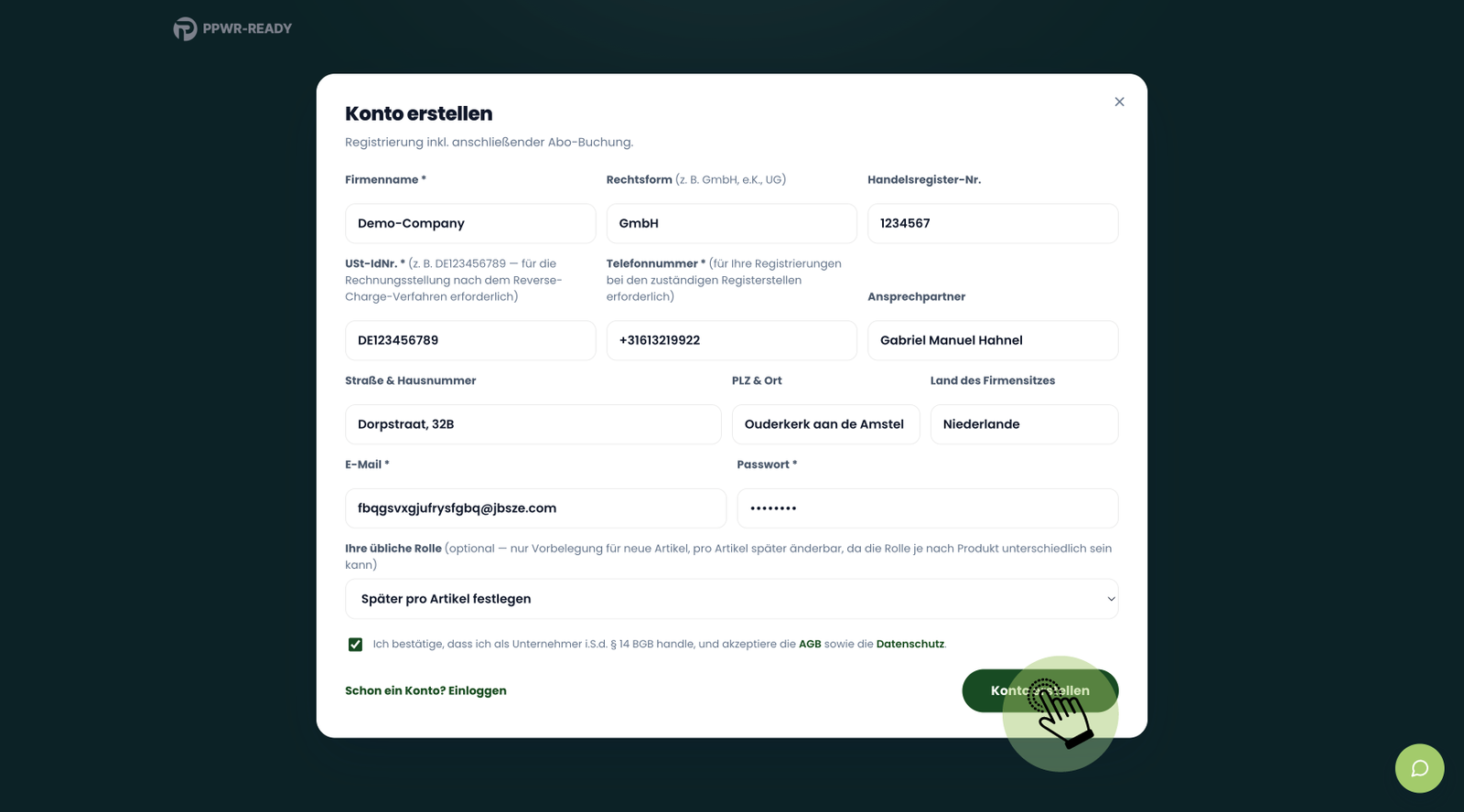 Ausgefülltes Formular "Konto erstellen" mit Firmendaten